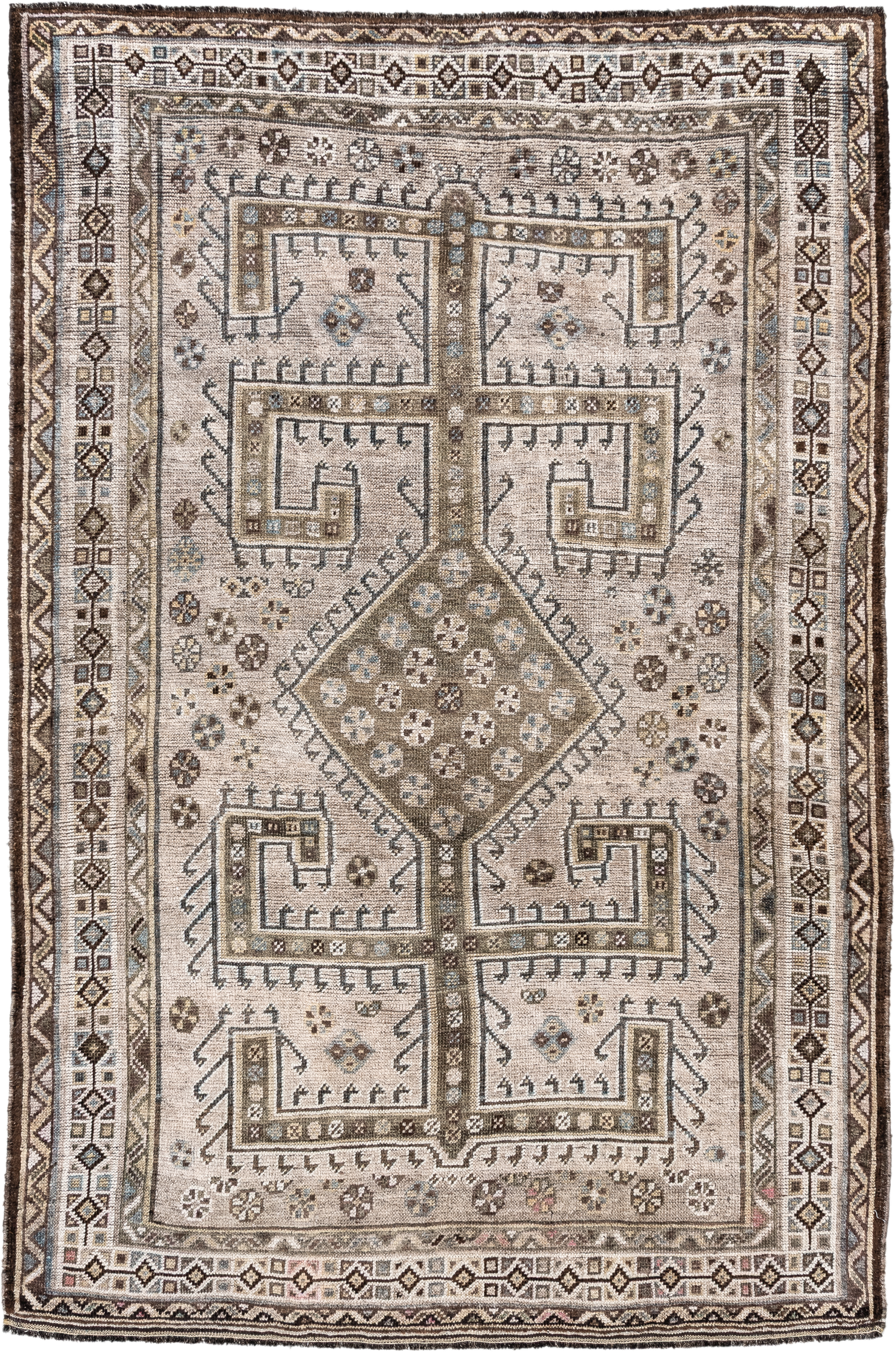 4' x 6' one-of-a-kind handmade antique Gabbe small size rug. Color palette: ivory, brown, taupe, slate, camel, pale_blue