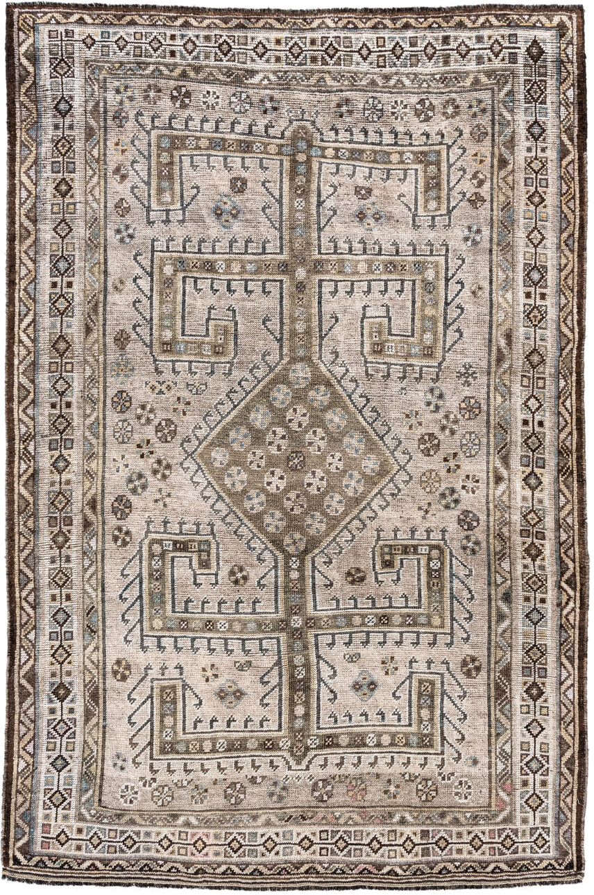 4' x 6' one-of-a-kind handmade antique Gabbe small size rug. Color palette: ivory, brown, taupe, slate, camel, pale_blue