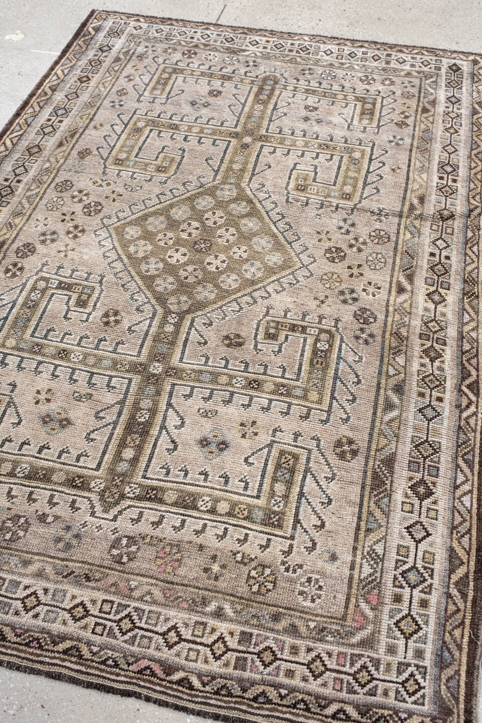 4' x 6' one-of-a-kind handmade antique Gabbe small size rug. Color palette: ivory, brown, taupe, slate, camel, pale_blue