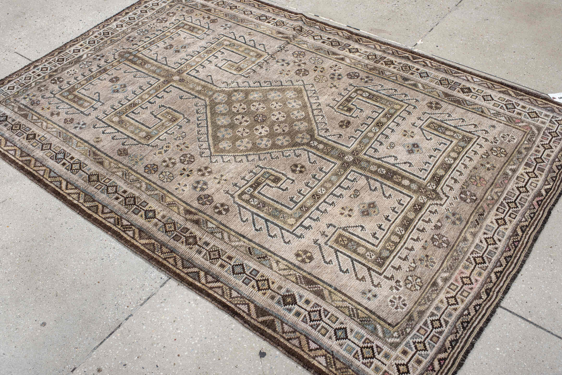 4' x 6' one-of-a-kind handmade antique Gabbe small size rug. Color palette: ivory, brown, taupe, slate, camel, pale_blue