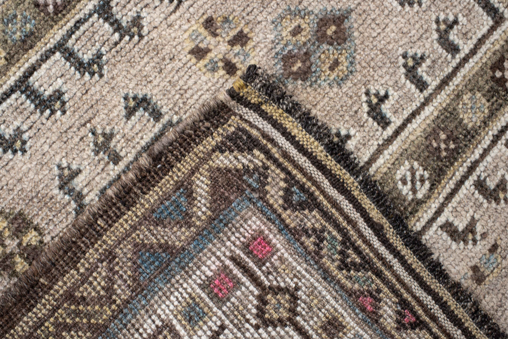 4' x 6' one-of-a-kind handmade antique Gabbe small size rug. Color palette: ivory, brown, taupe, slate, camel, pale_blue