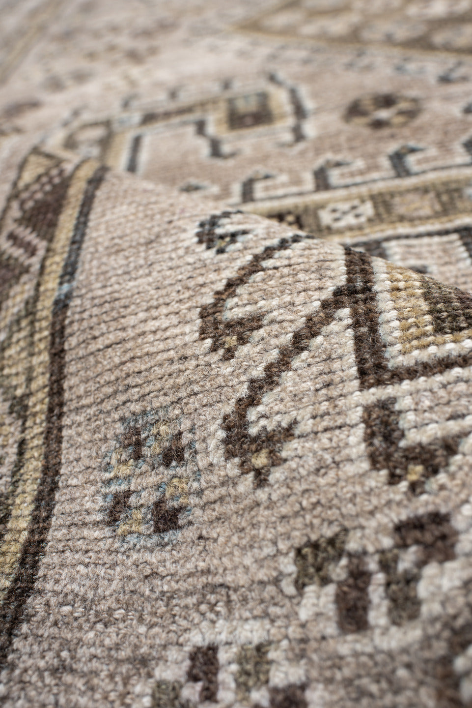 4' x 6' one-of-a-kind handmade antique Gabbe small size rug. Color palette: ivory, brown, taupe, slate, camel, pale_blue