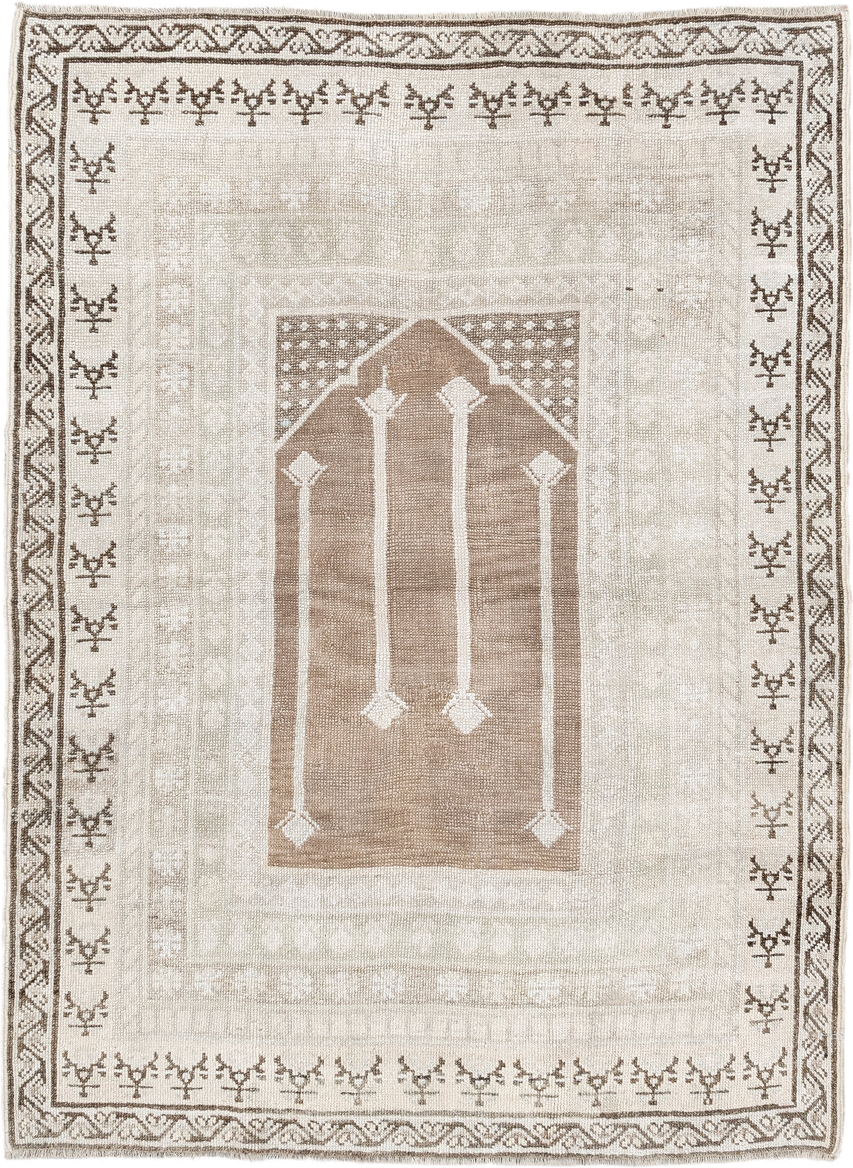 3' x 5' one-of-a-kind handmade antique Anatolian small size rug. Color palette: ivory, camel, taupe, brown, cream, beige