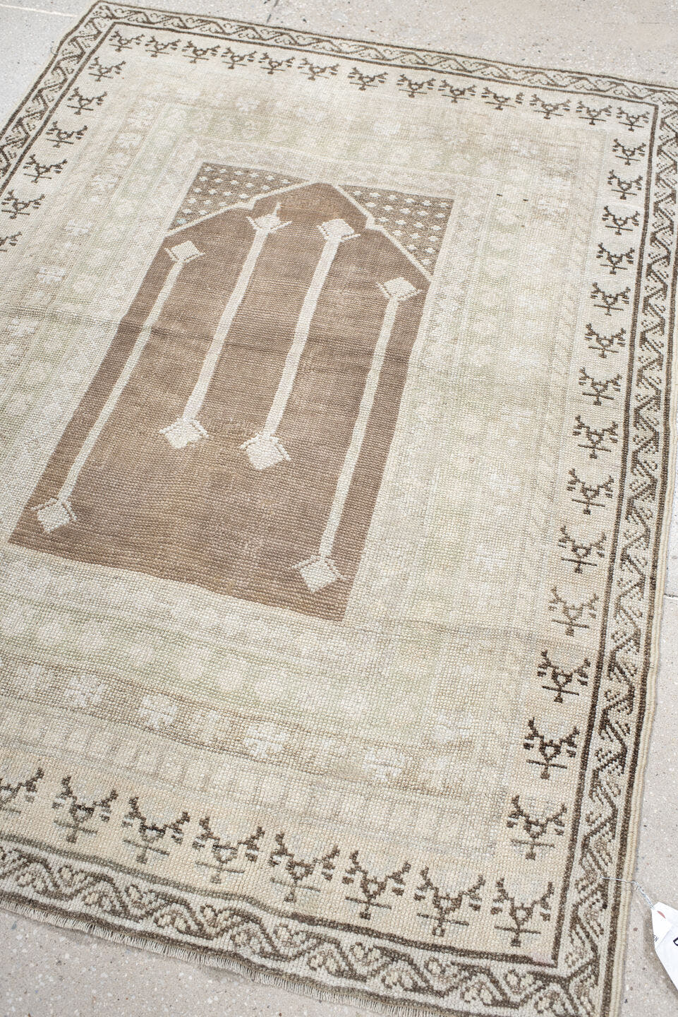 3' x 5' one-of-a-kind handmade antique Anatolian small size rug. Color palette: ivory, camel, taupe, brown, cream, beige