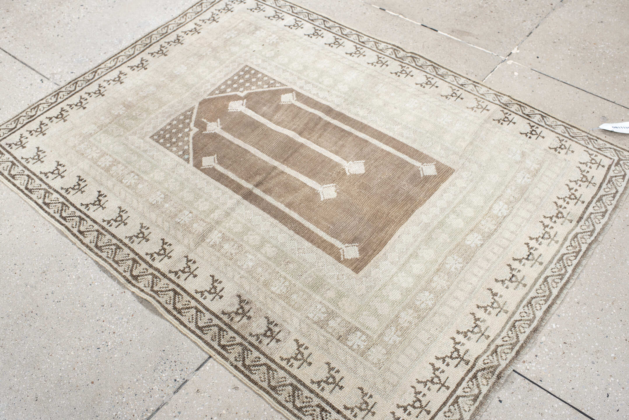 3' x 5' one-of-a-kind handmade antique Anatolian small size rug. Color palette: ivory, camel, taupe, brown, cream, beige