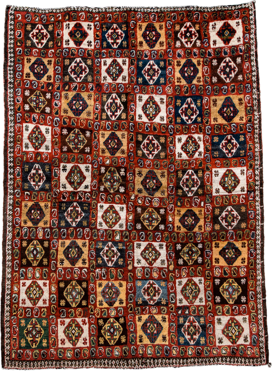 5' x 7' one-of-a-kind handmade vintage Gabbe rug. Color palette: rust, ivory, navy, camel, brown, teal, gold, charcoal