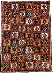 5' x 7' one-of-a-kind handmade vintage Gabbe rug. Color palette: rust, ivory, navy, camel, brown, teal, gold, charcoal