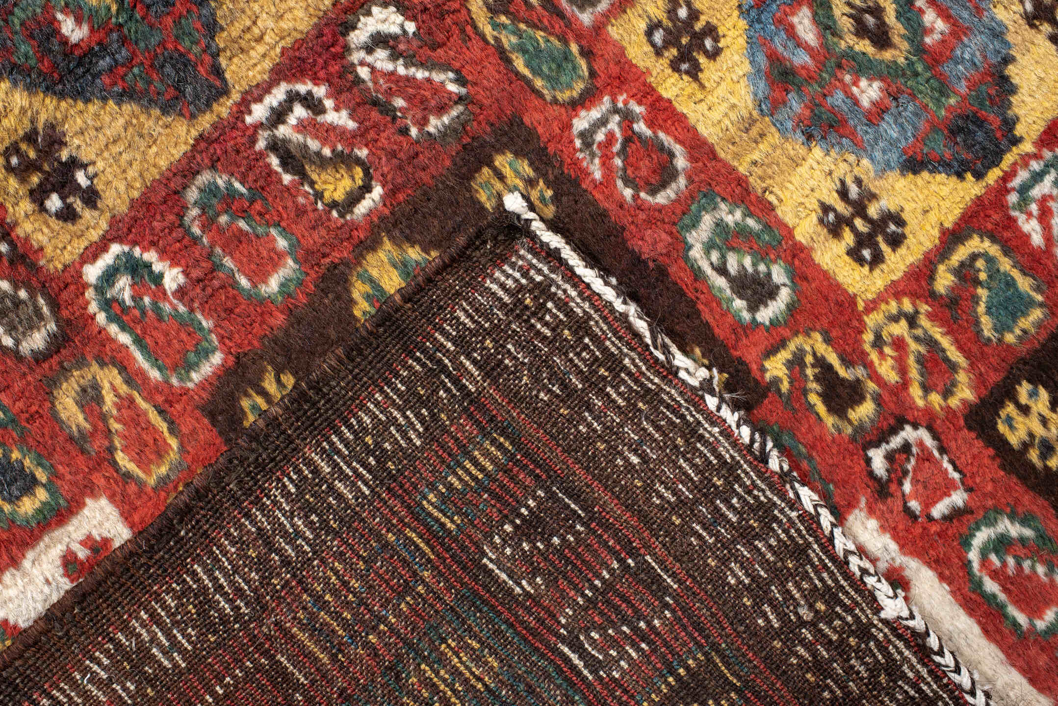 5' x 7' one-of-a-kind handmade vintage Gabbe rug. Color palette: rust, ivory, navy, camel, brown, teal, gold, charcoal
