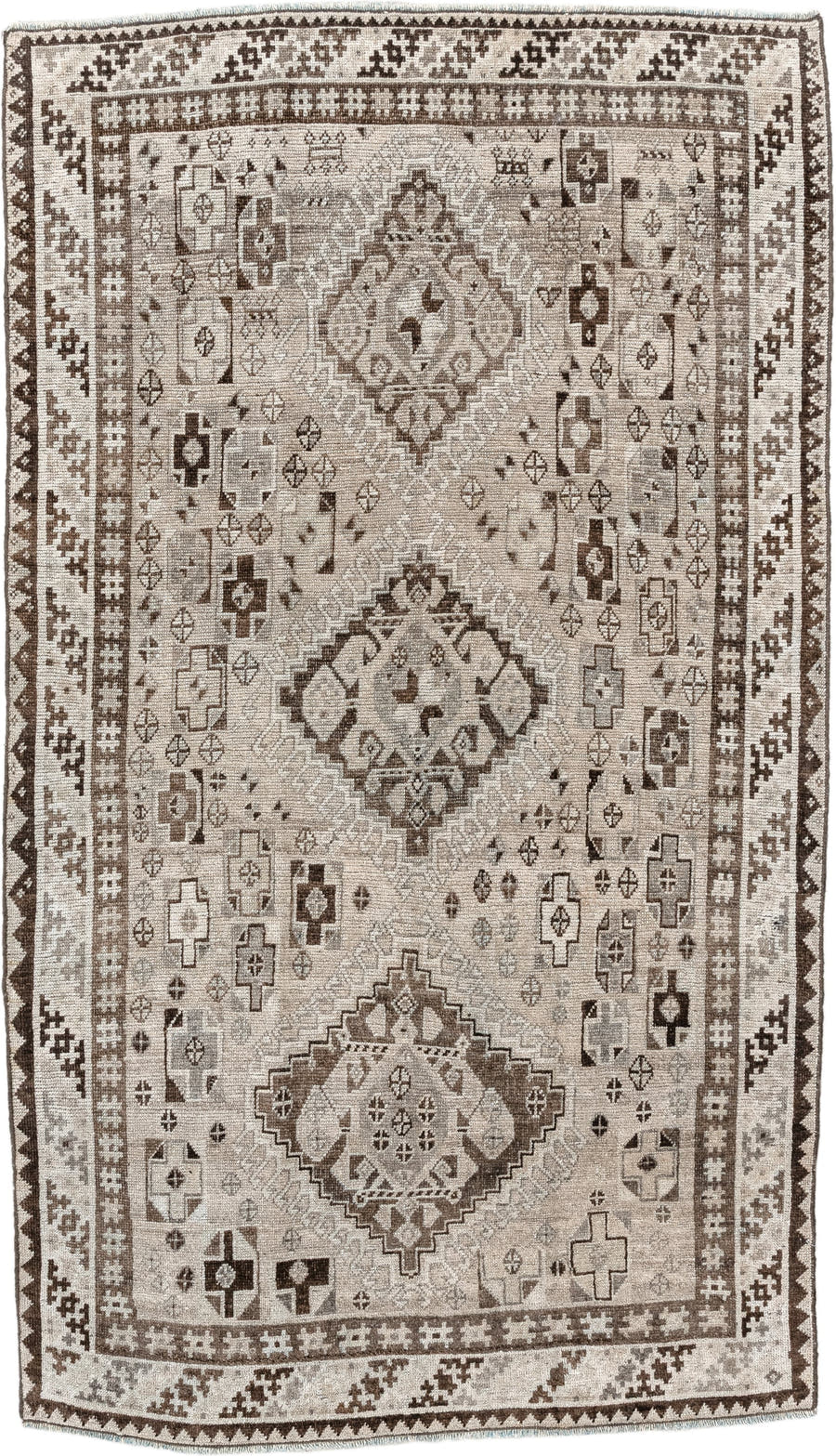 3' x 6' one-of-a-kind handmade antique Gabbe small size rug. Color palette: ivory, taupe, dark brown, charcoal, camel, cream
