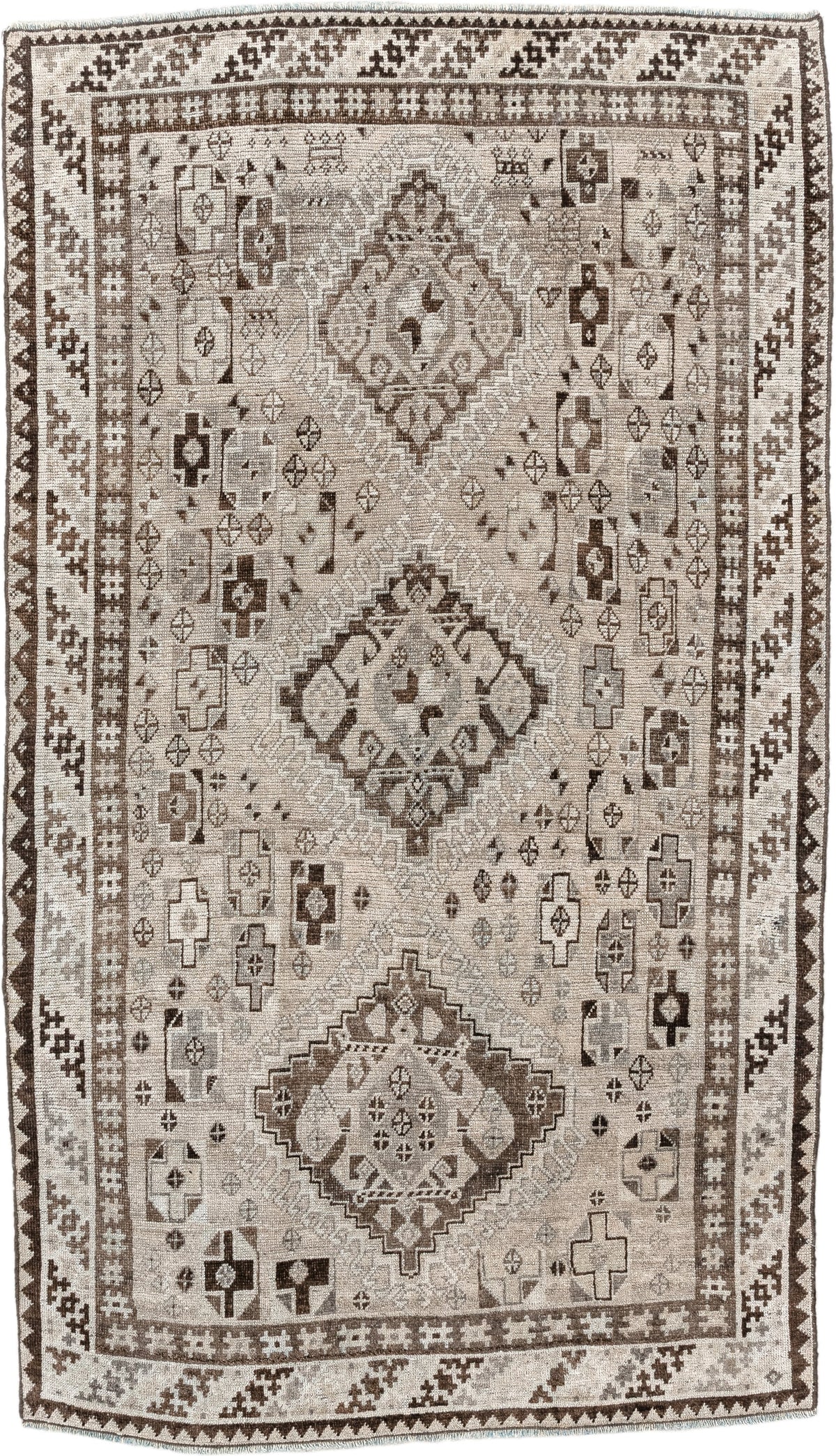 3' x 6' one-of-a-kind handmade antique Gabbe small size rug. Color palette: ivory, taupe, dark brown, charcoal, camel, cream