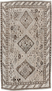 3' x 6' one-of-a-kind handmade antique Gabbe small size rug. Color palette: ivory, taupe, dark brown, charcoal, camel, cream