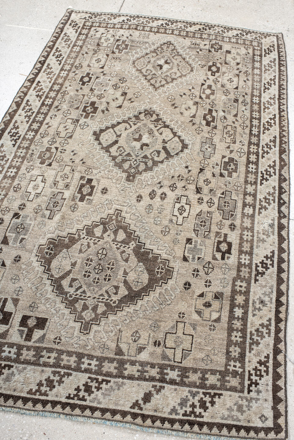 3' x 6' one-of-a-kind handmade antique Gabbe small size rug. Color palette: ivory, taupe, dark brown, charcoal, camel, cream