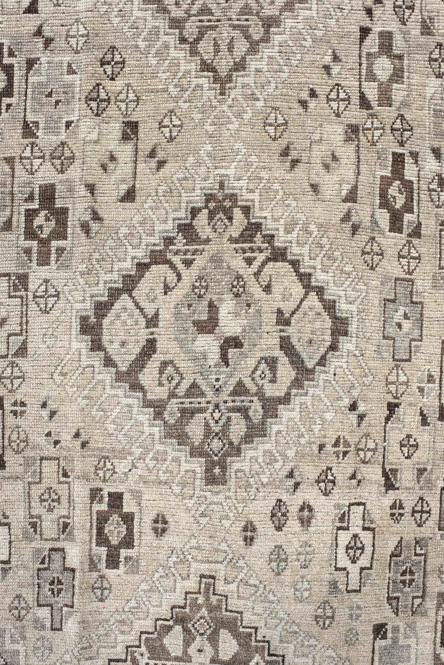 3' x 6' one-of-a-kind handmade antique Gabbe small size rug. Color palette: ivory, taupe, dark brown, charcoal, camel, cream