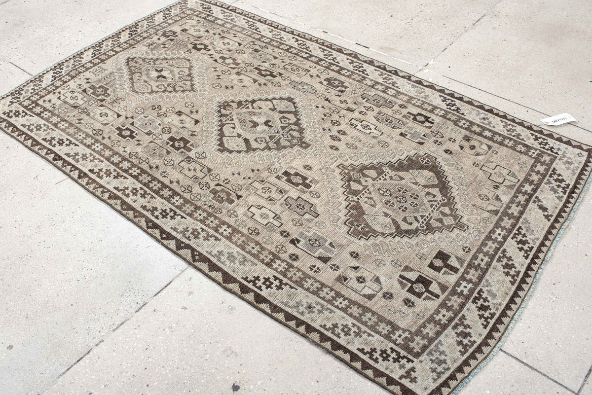 3' x 6' one-of-a-kind handmade antique Gabbe small size rug. Color palette: ivory, taupe, dark brown, charcoal, camel, cream