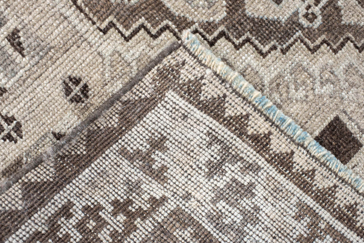 3' x 6' one-of-a-kind handmade antique Gabbe small size rug. Color palette: ivory, taupe, dark brown, charcoal, camel, cream