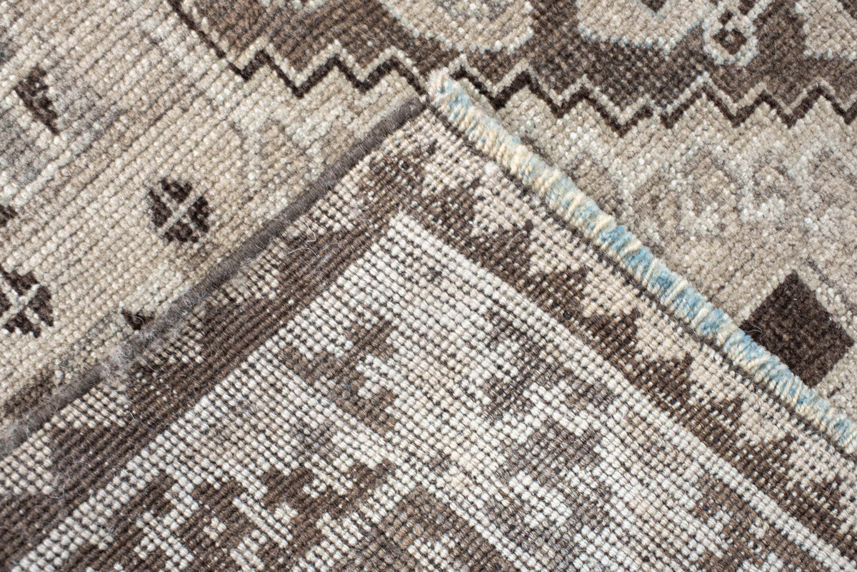 3' x 6' one-of-a-kind handmade antique Gabbe small size rug. Color palette: ivory, taupe, dark brown, charcoal, camel, cream