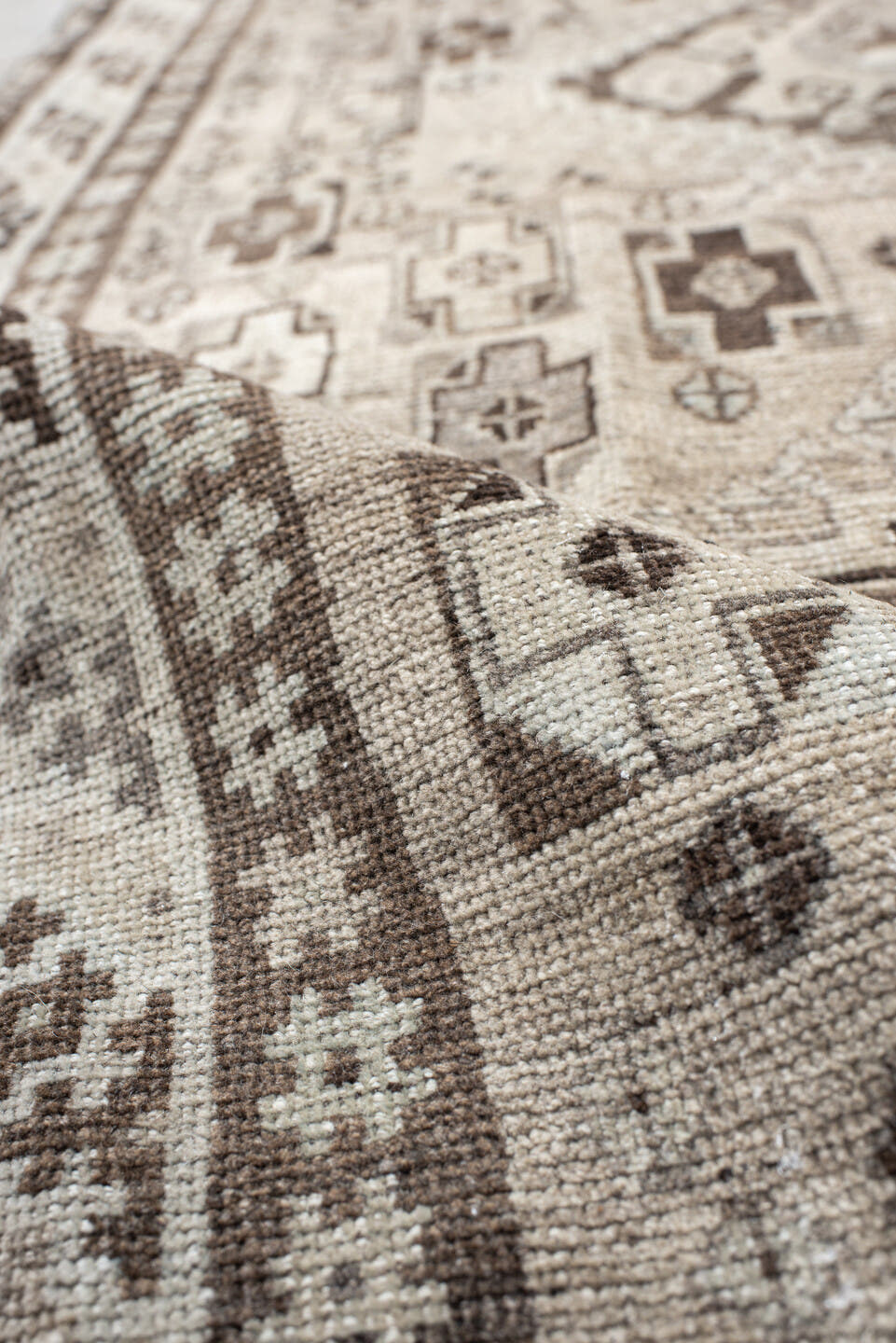 3' x 6' one-of-a-kind handmade antique Gabbe small size rug. Color palette: ivory, taupe, dark brown, charcoal, camel, cream
