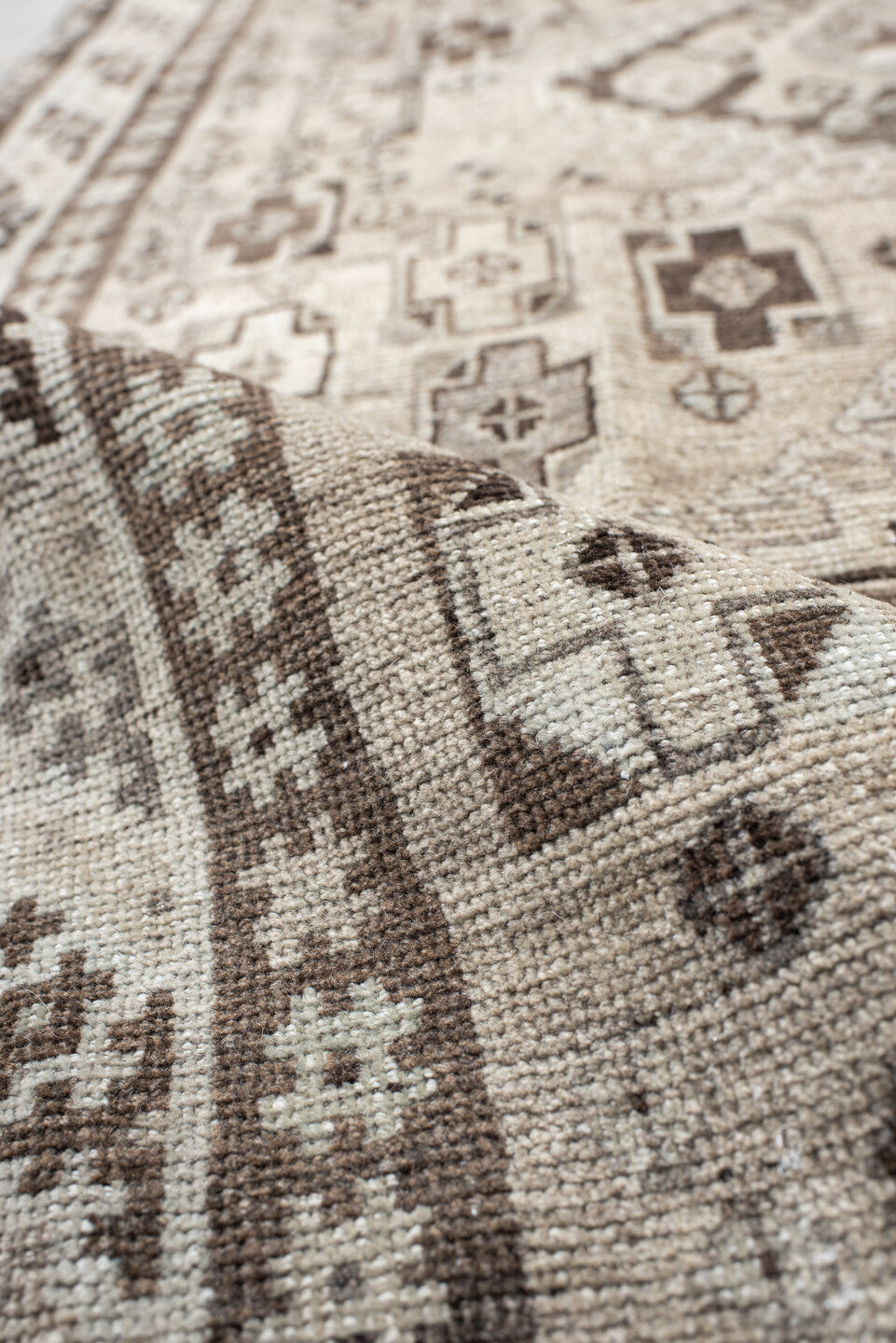 3' x 6' one-of-a-kind handmade antique Gabbe small size rug. Color palette: ivory, taupe, dark brown, charcoal, camel, cream