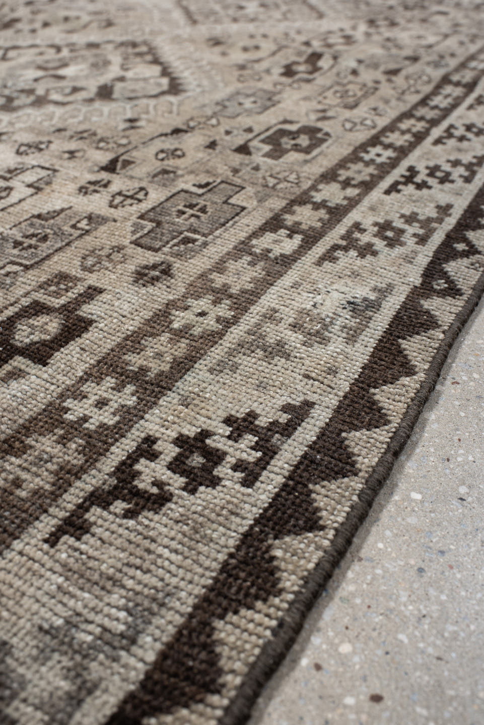 3' x 6' one-of-a-kind handmade antique Gabbe small size rug. Color palette: ivory, taupe, dark brown, charcoal, camel, cream