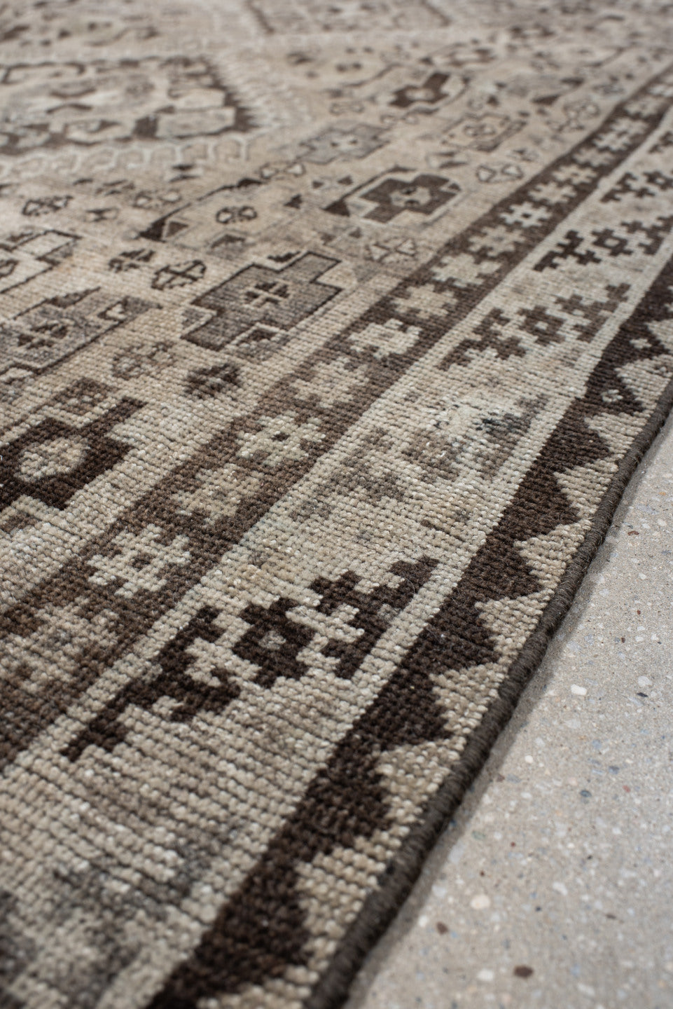 3' x 6' one-of-a-kind handmade antique Gabbe small size rug. Color palette: ivory, taupe, dark brown, charcoal, camel, cream
