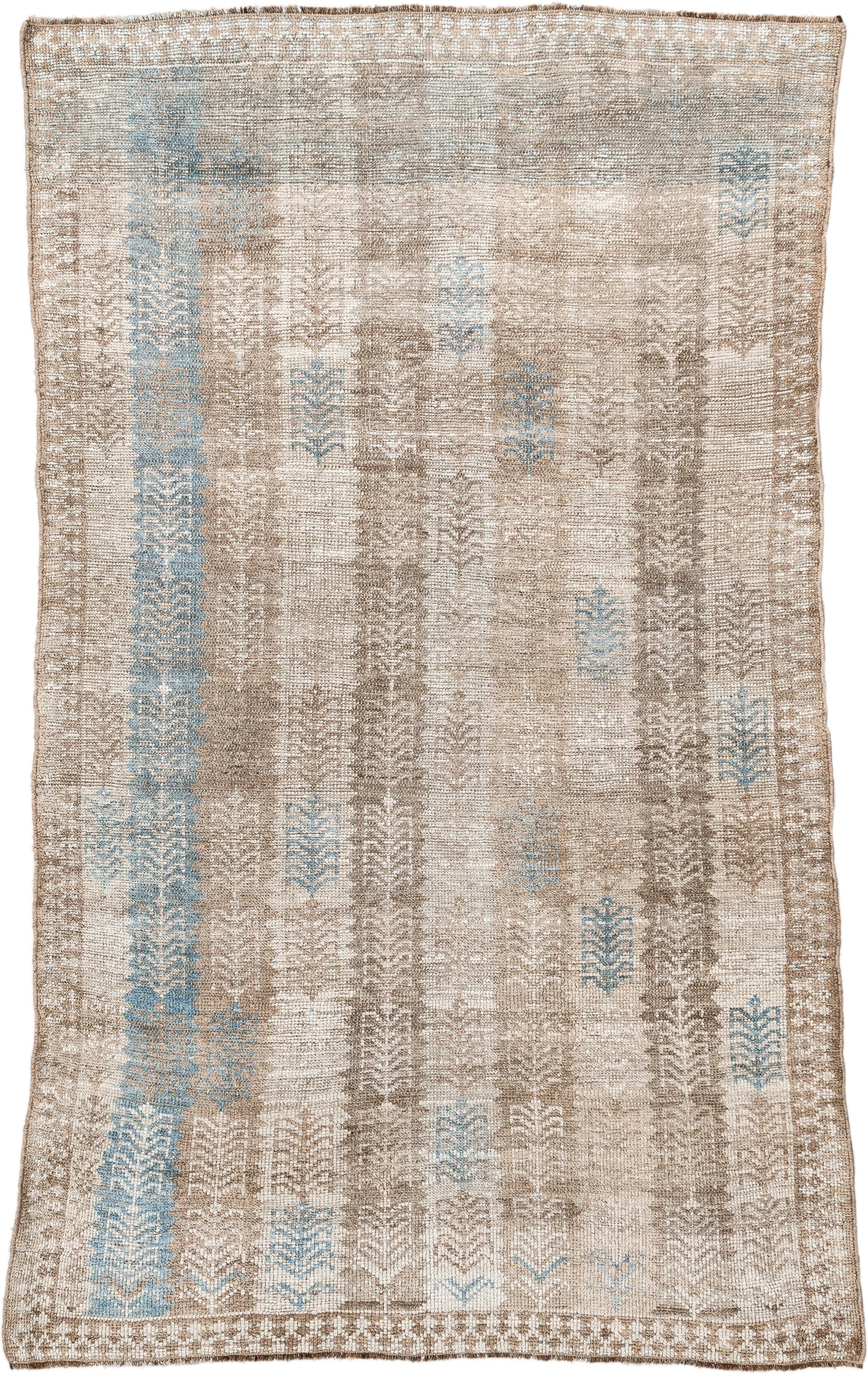3' x 6' one-of-a-kind handmade antique Gabbe rug. Color palette: ivory, taupe, beige, sky_blue, camel, gray, light blue