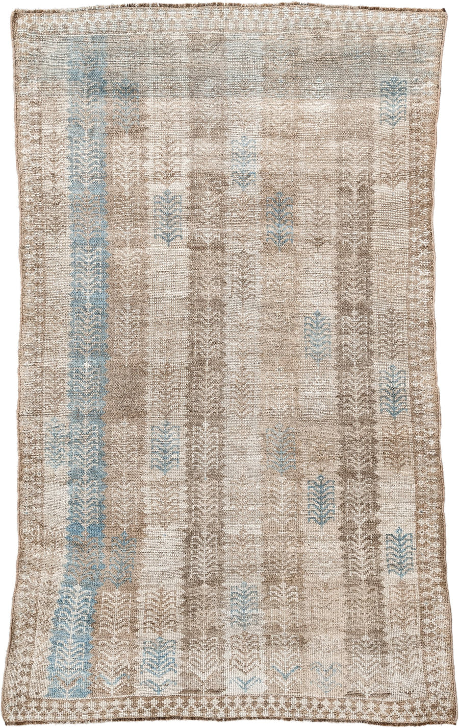 3' x 6' one-of-a-kind handmade antique Gabbe rug. Color palette: ivory, taupe, beige, sky_blue, camel, gray, light blue
