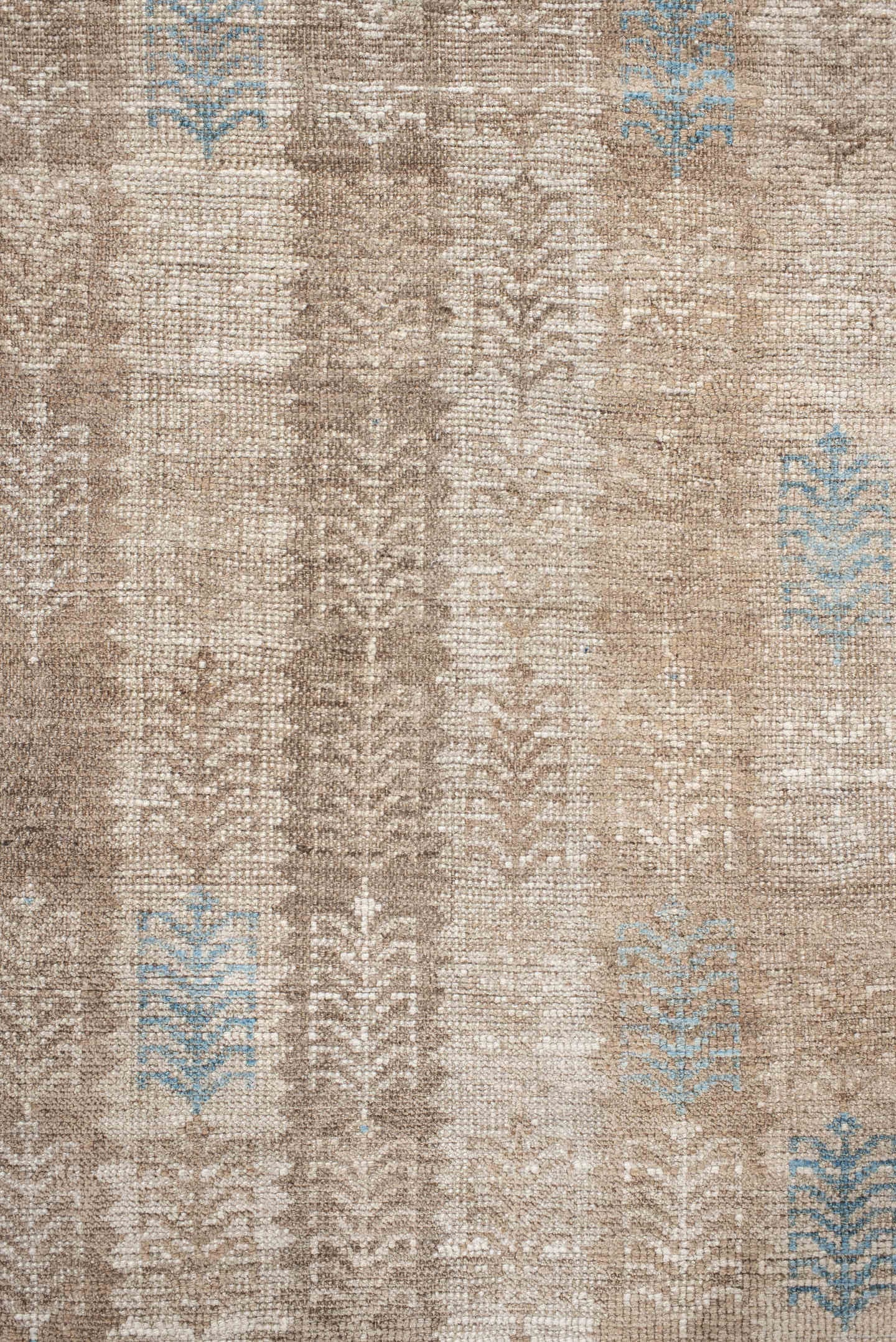 3' x 6' one-of-a-kind handmade antique Gabbe rug. Color palette: ivory, taupe, beige, sky_blue, camel, gray, light blue