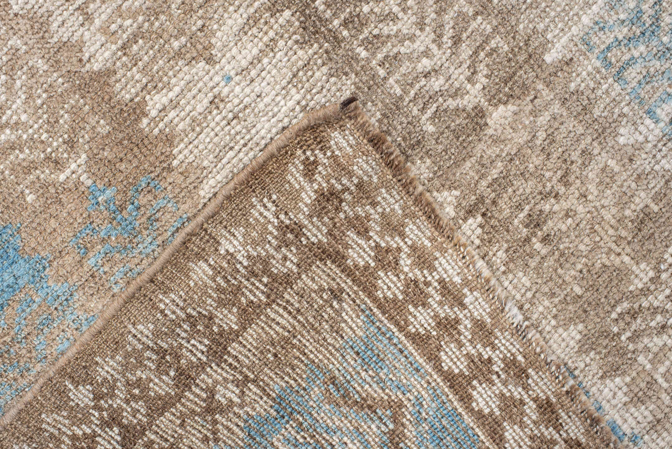 3' x 6' one-of-a-kind handmade antique Gabbe rug. Color palette: ivory, taupe, beige, sky_blue, camel, gray, light blue