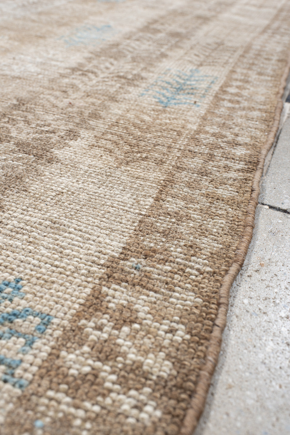 3' x 6' one-of-a-kind handmade antique Gabbe rug. Color palette: ivory, taupe, beige, sky_blue, camel, gray, light blue