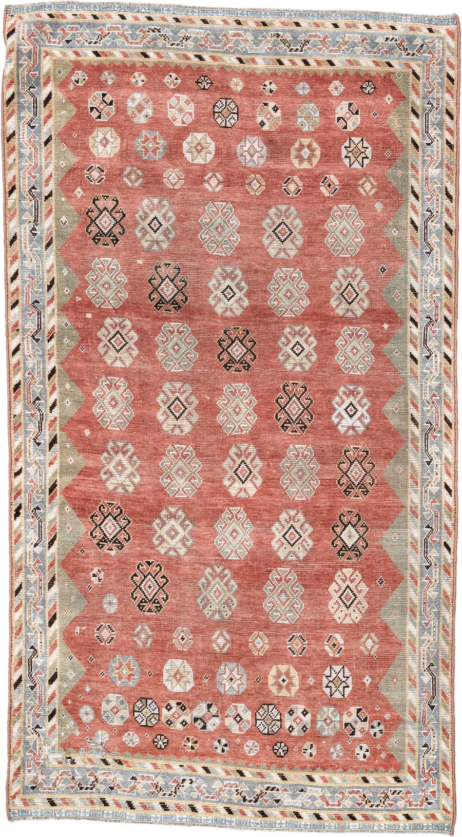 3' x 7' one-of-a-kind handmade vintage Gabbe rug. Color palette: terra cotta, ivory, sage, pale blue, charcoal, taupe, rust