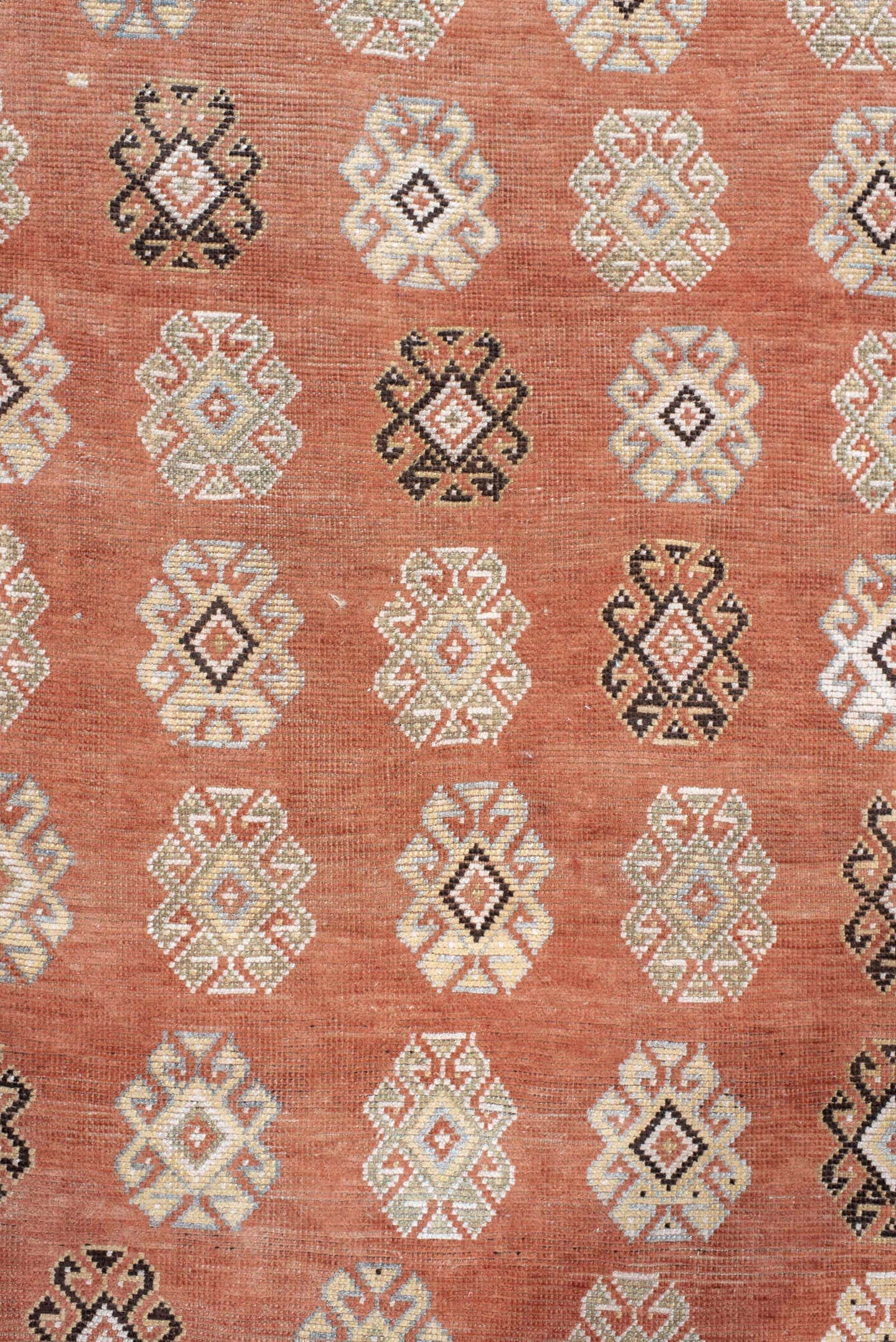 3' x 7' one-of-a-kind handmade vintage Gabbe rug. Color palette: terra cotta, ivory, sage, pale blue, charcoal, taupe, rust