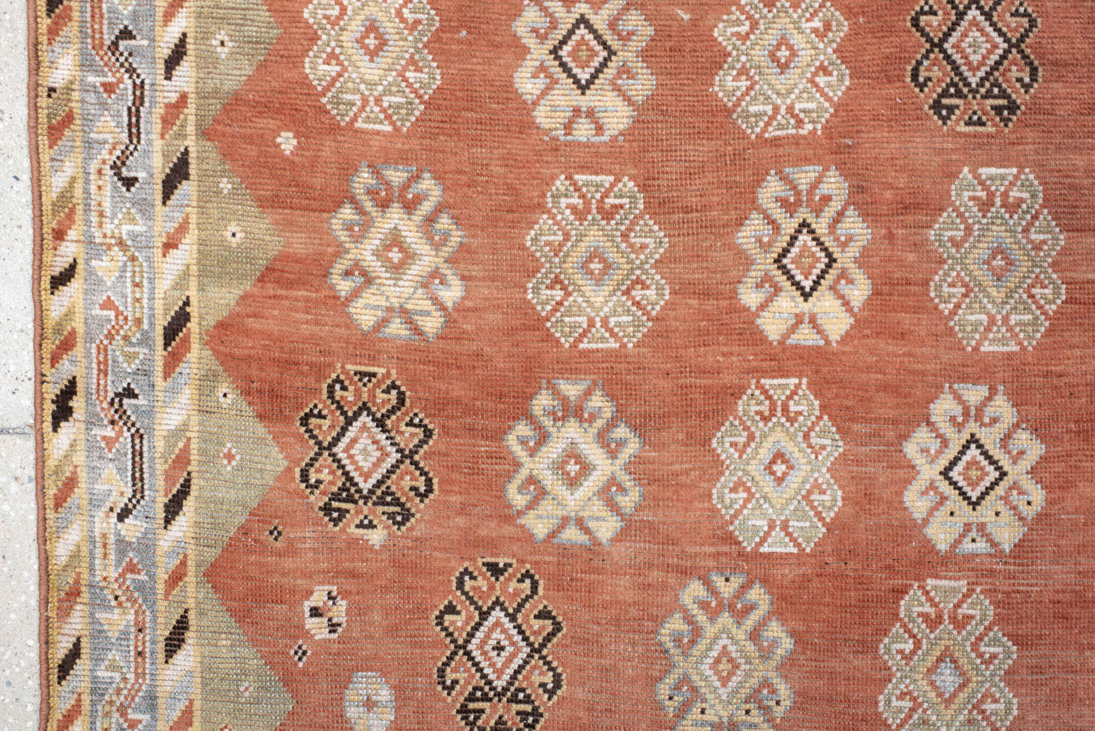 3' x 7' one-of-a-kind handmade vintage Gabbe rug. Color palette: terra cotta, ivory, sage, pale blue, charcoal, taupe, rust