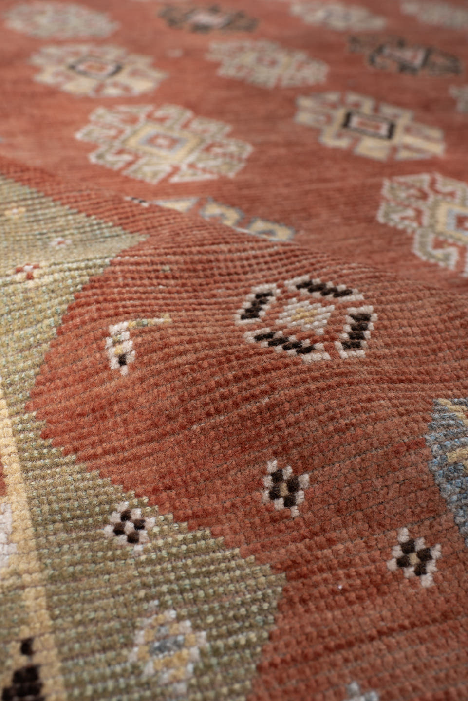 3' x 7' one-of-a-kind handmade vintage Gabbe rug. Color palette: terra cotta, ivory, sage, pale blue, charcoal, taupe, rust