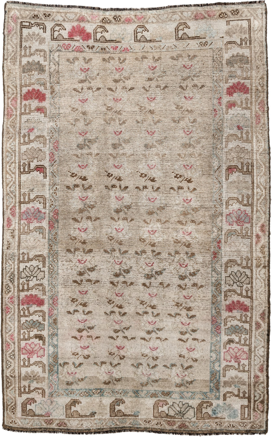 4' x 6' one-of-a-kind handmade vintage Gabbe small size rug. Color palette: ivory, taupe, brown, rose, sky_blue, cream