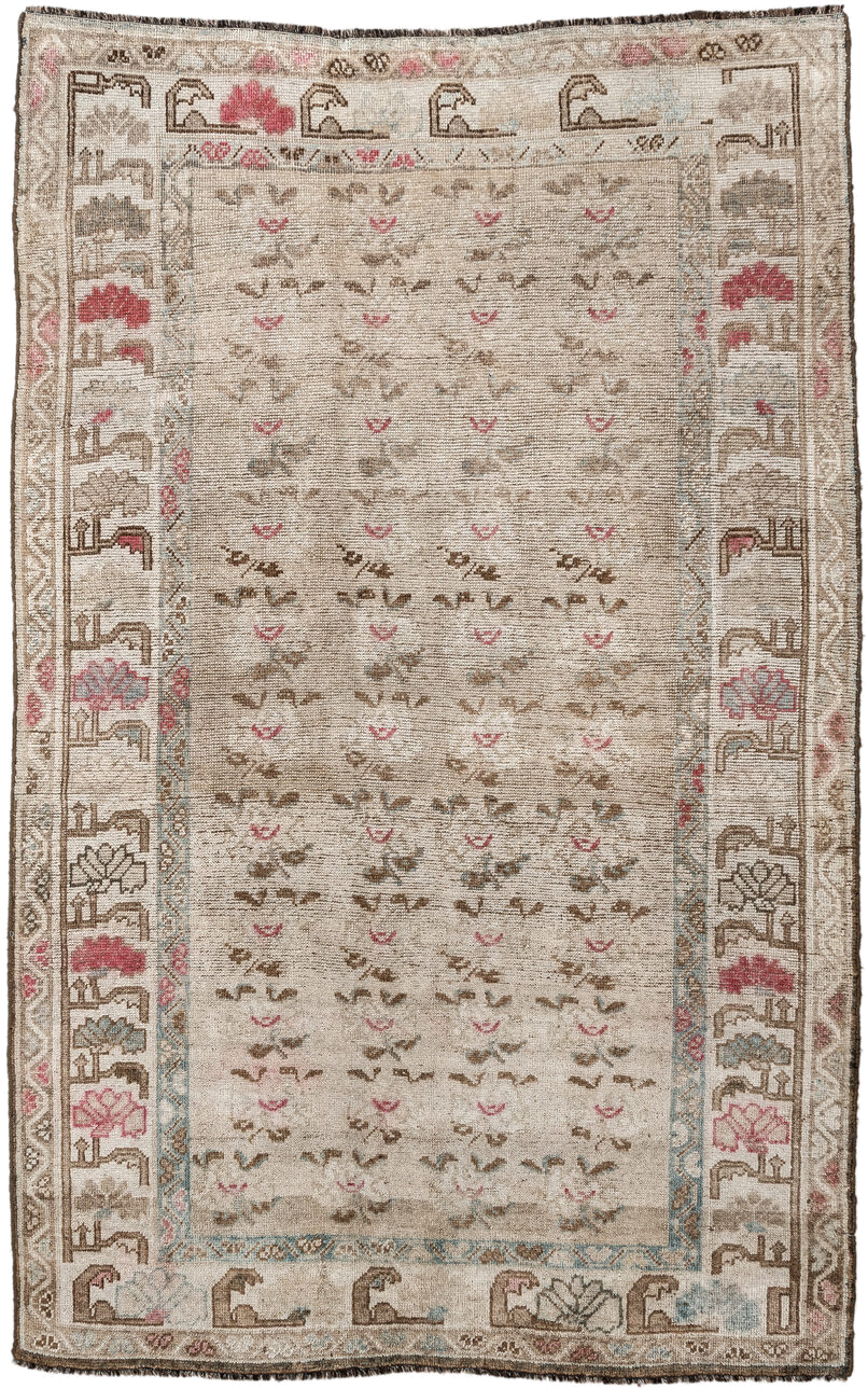 4' x 6' one-of-a-kind handmade vintage Gabbe small size rug. Color palette: ivory, taupe, brown, rose, sky_blue, cream