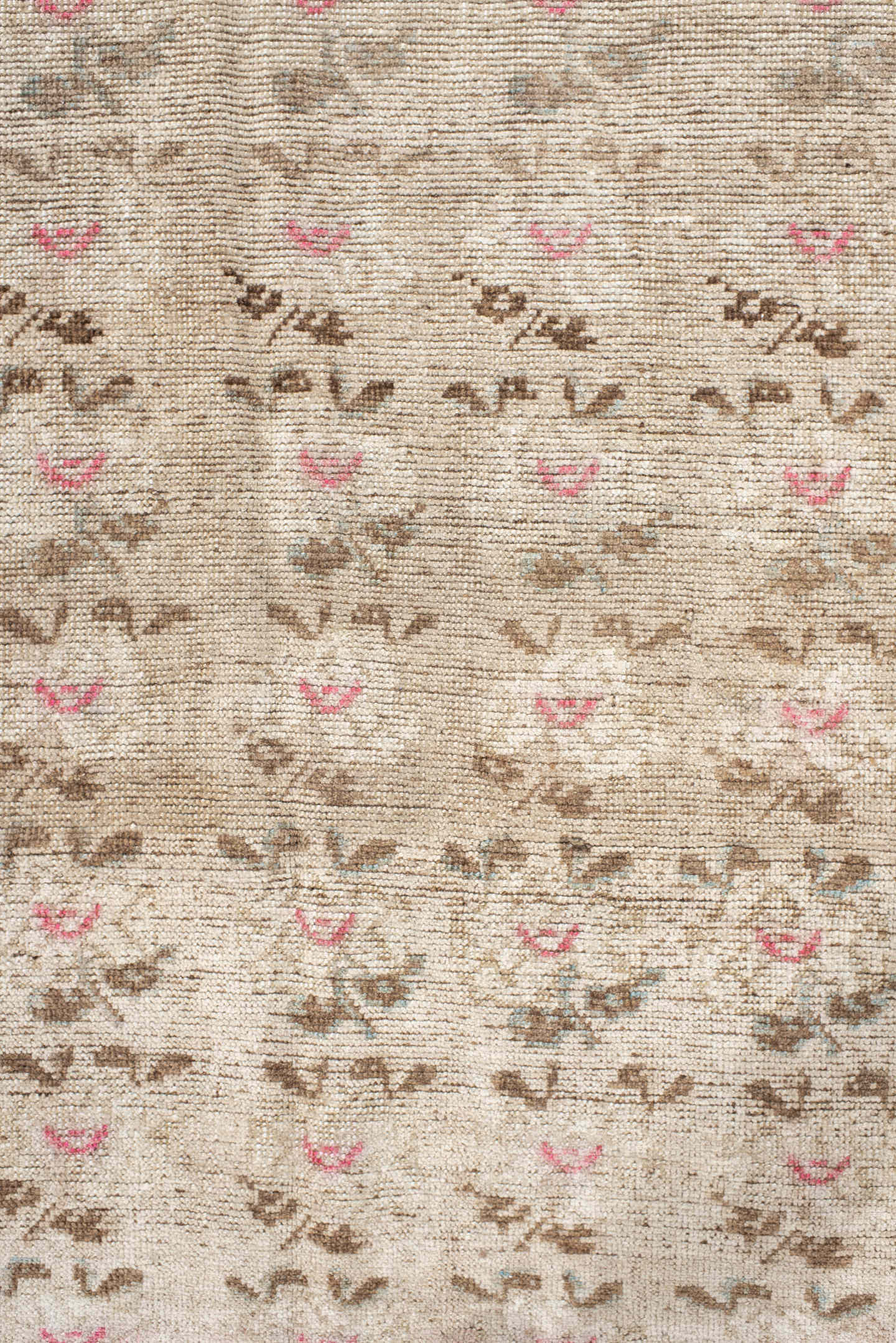 4' x 6' one-of-a-kind handmade vintage Gabbe small size rug. Color palette: ivory, taupe, brown, rose, sky_blue, cream
