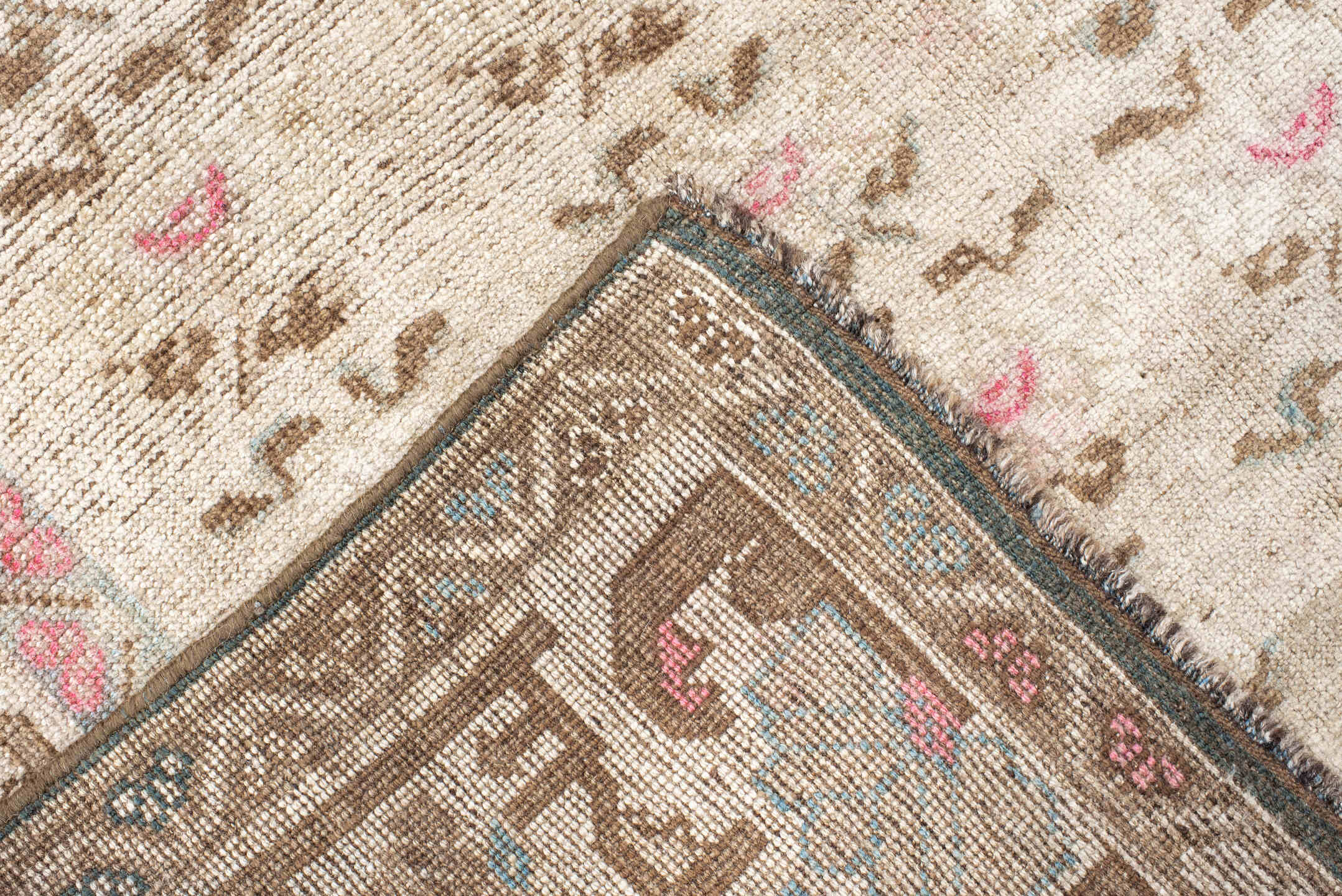 4' x 6' one-of-a-kind handmade vintage Gabbe small size rug. Color palette: ivory, taupe, brown, rose, sky_blue, cream