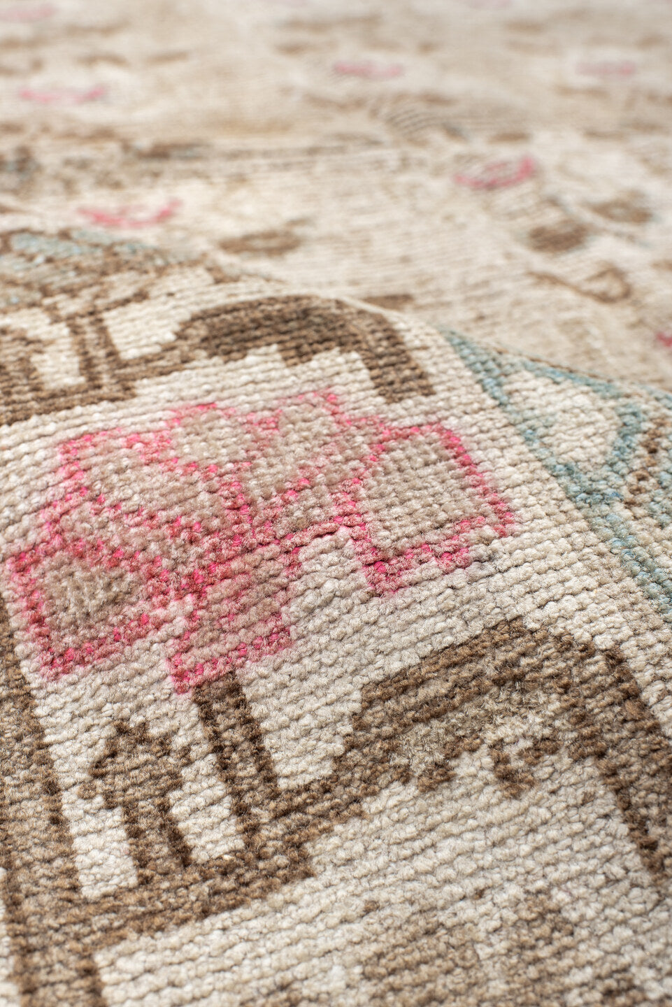 4' x 6' one-of-a-kind handmade vintage Gabbe small size rug. Color palette: ivory, taupe, brown, rose, sky_blue, cream