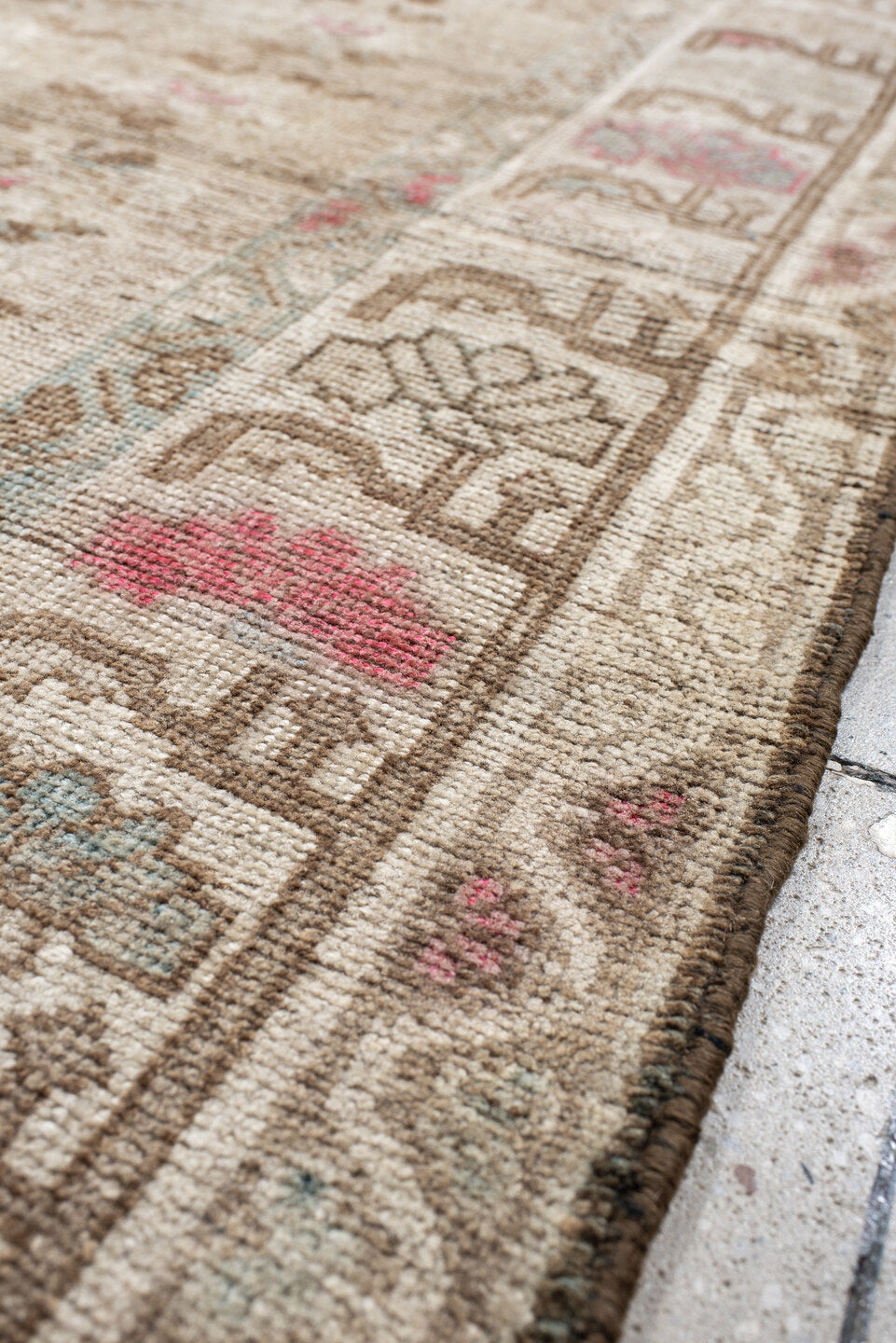 4' x 6' one-of-a-kind handmade vintage Gabbe small size rug. Color palette: red, brown, gray, off-white, pink, light gray