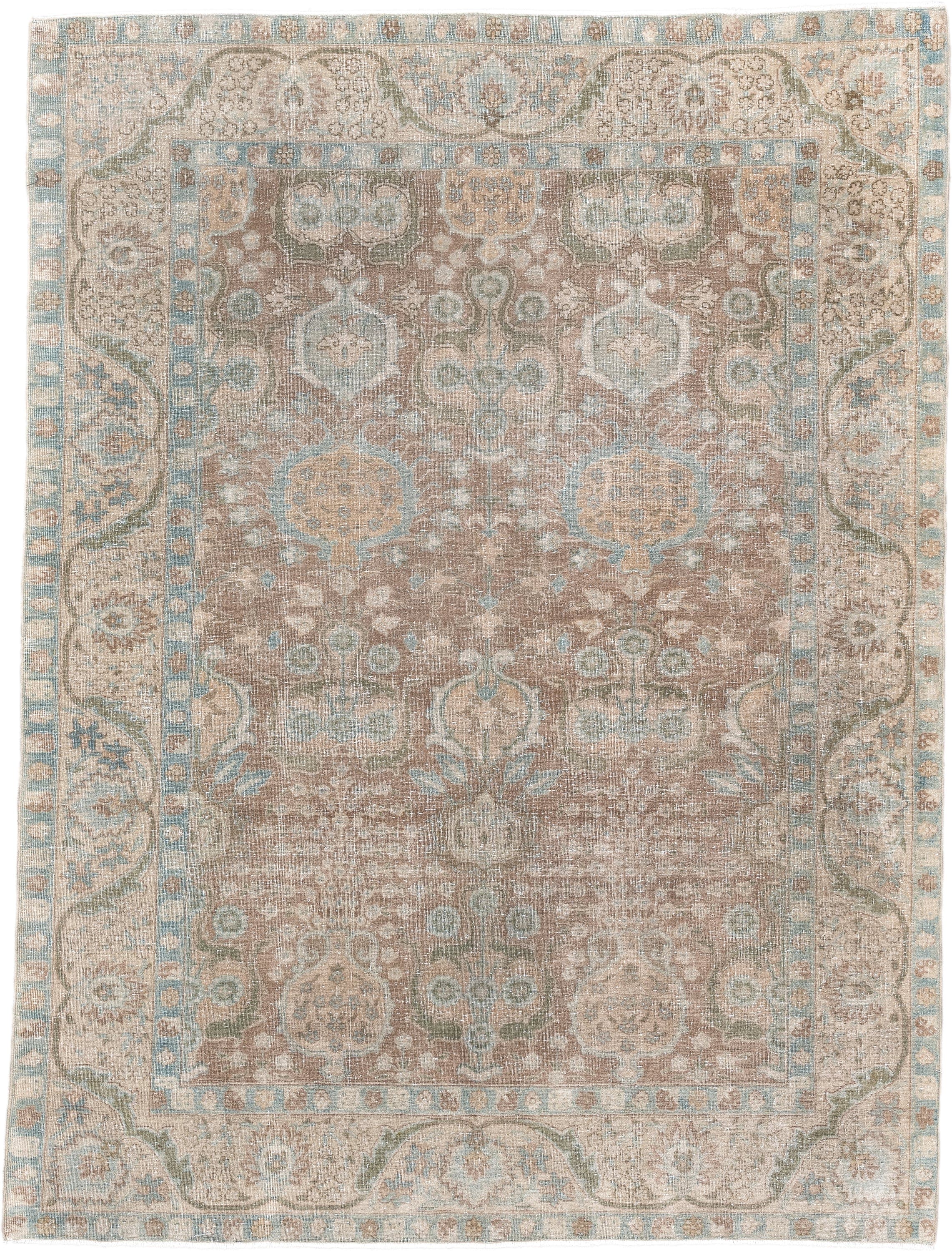 4' x 6' one-of-a-kind handmade antique Tabriz small size rug. Color palette: taupe, ivory, pale blue, sage, beige, camel