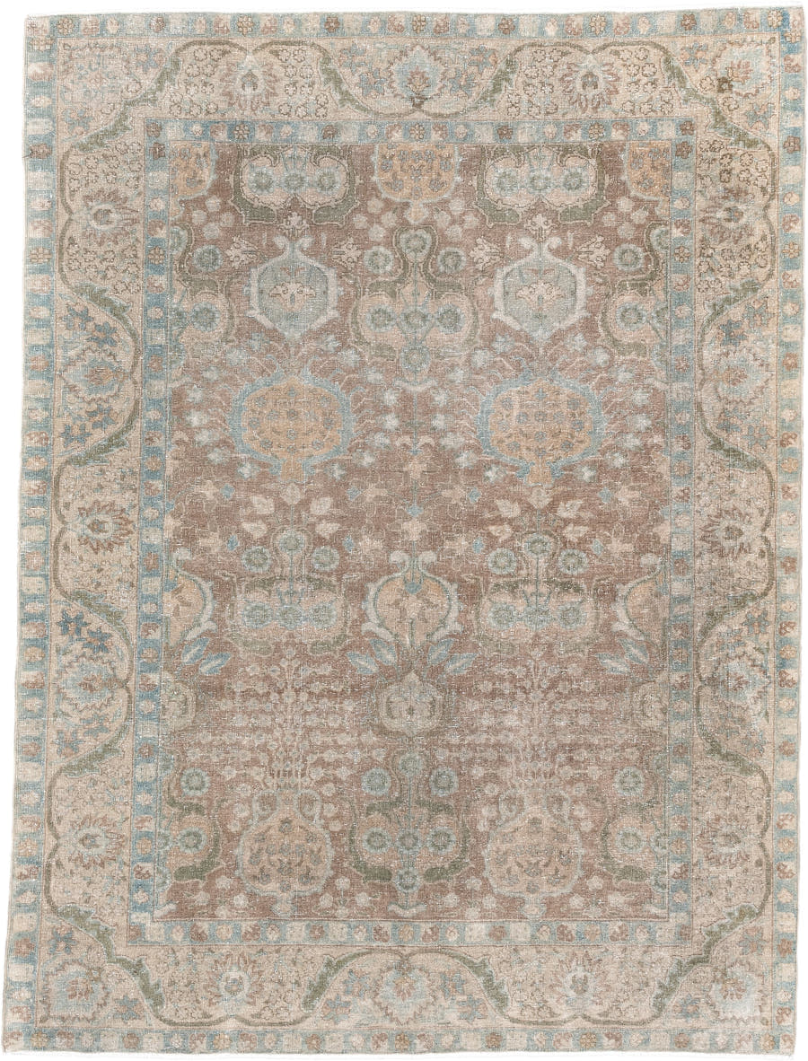4' x 6' one-of-a-kind handmade antique Tabriz small size rug. Color palette: taupe, ivory, pale blue, sage, beige, camel