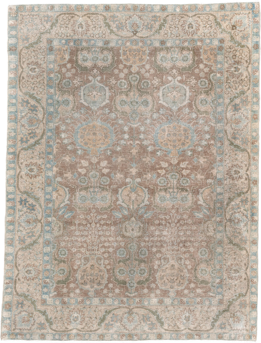4' x 6' one-of-a-kind handmade antique Tabriz small size rug. Color palette: taupe, ivory, pale blue, sage, beige, camel