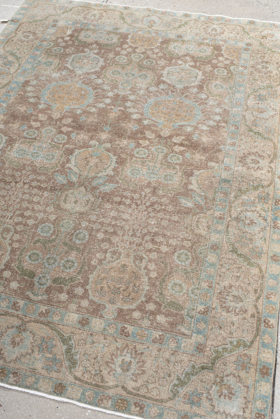 4' x 6' one-of-a-kind handmade antique Tabriz small size rug. Color palette: taupe, ivory, pale blue, sage, beige, camel