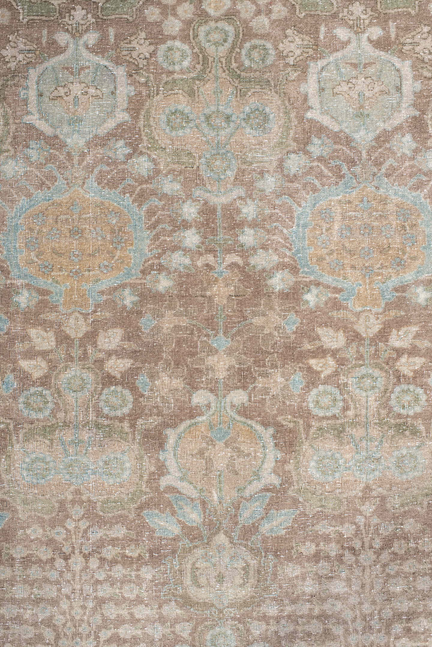 4' x 6' one-of-a-kind handmade antique Tabriz small size rug. Color palette: taupe, ivory, pale blue, sage, beige, camel