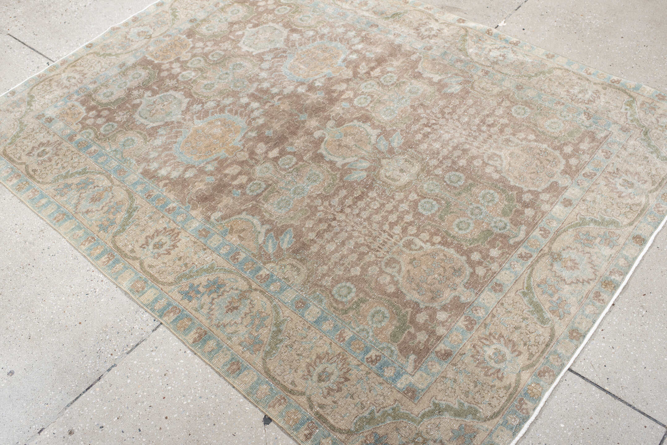 4' x 6' one-of-a-kind handmade antique Tabriz small size rug. Color palette: taupe, ivory, pale blue, sage, beige, camel