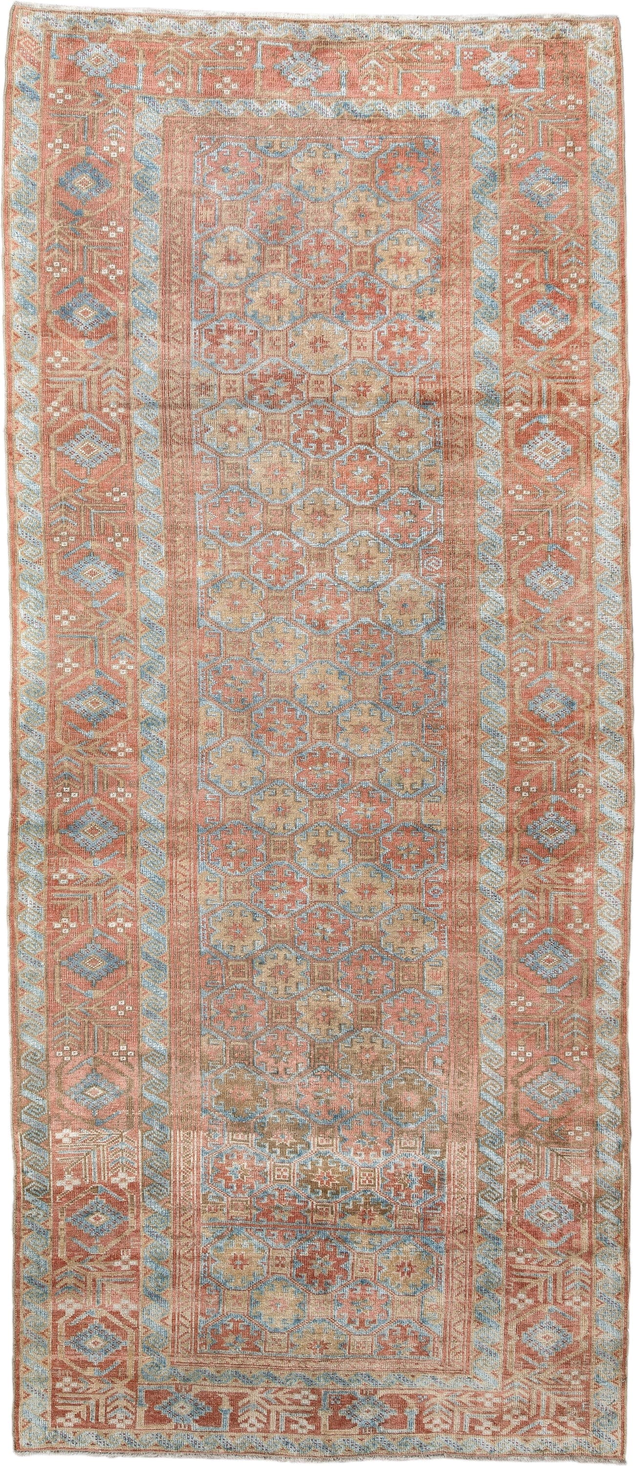 3' x 8' one-of-a-kind handmade antique Belouch runner rug. Color palette: terra cotta, ivory, pale blue, camel, taupe, rust