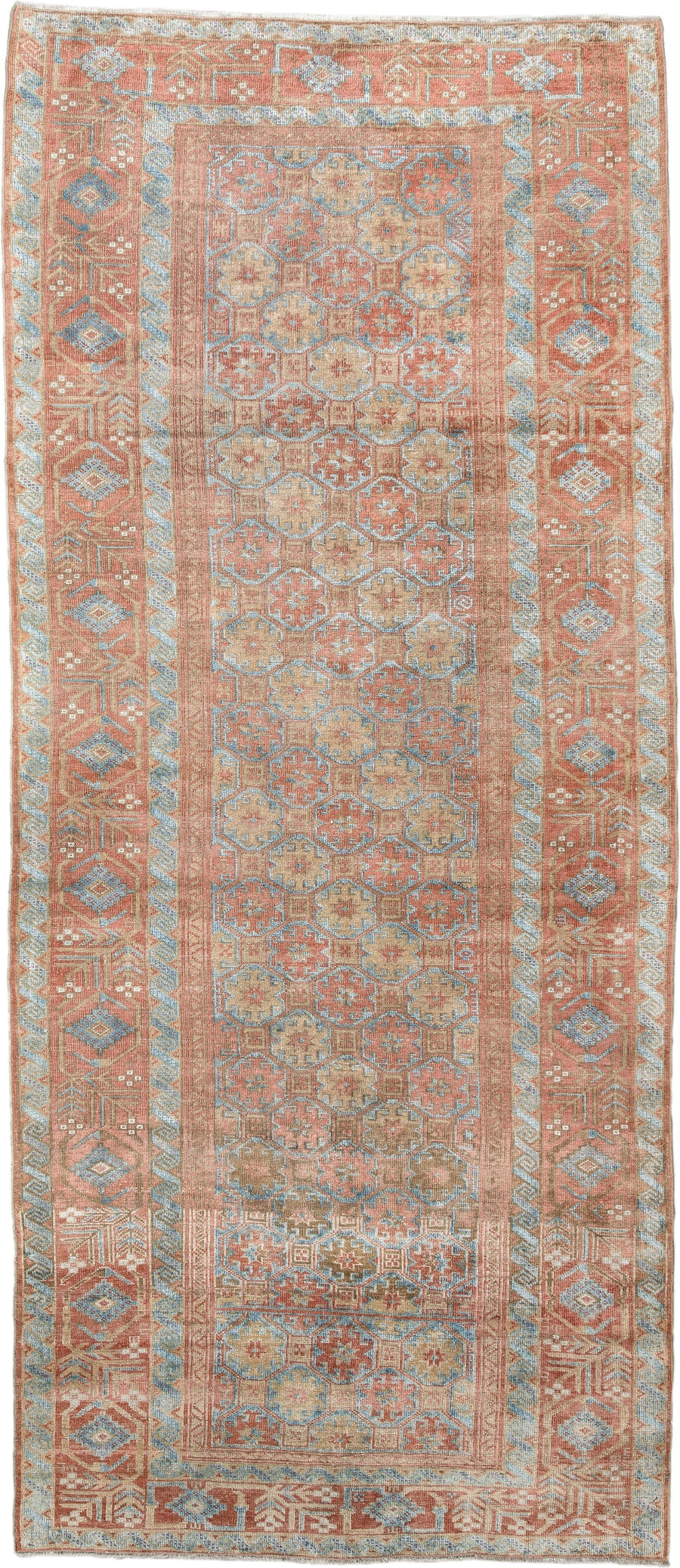 3' x 8' one-of-a-kind handmade antique Belouch runner rug. Color palette: terra cotta, ivory, pale blue, camel, taupe, rust