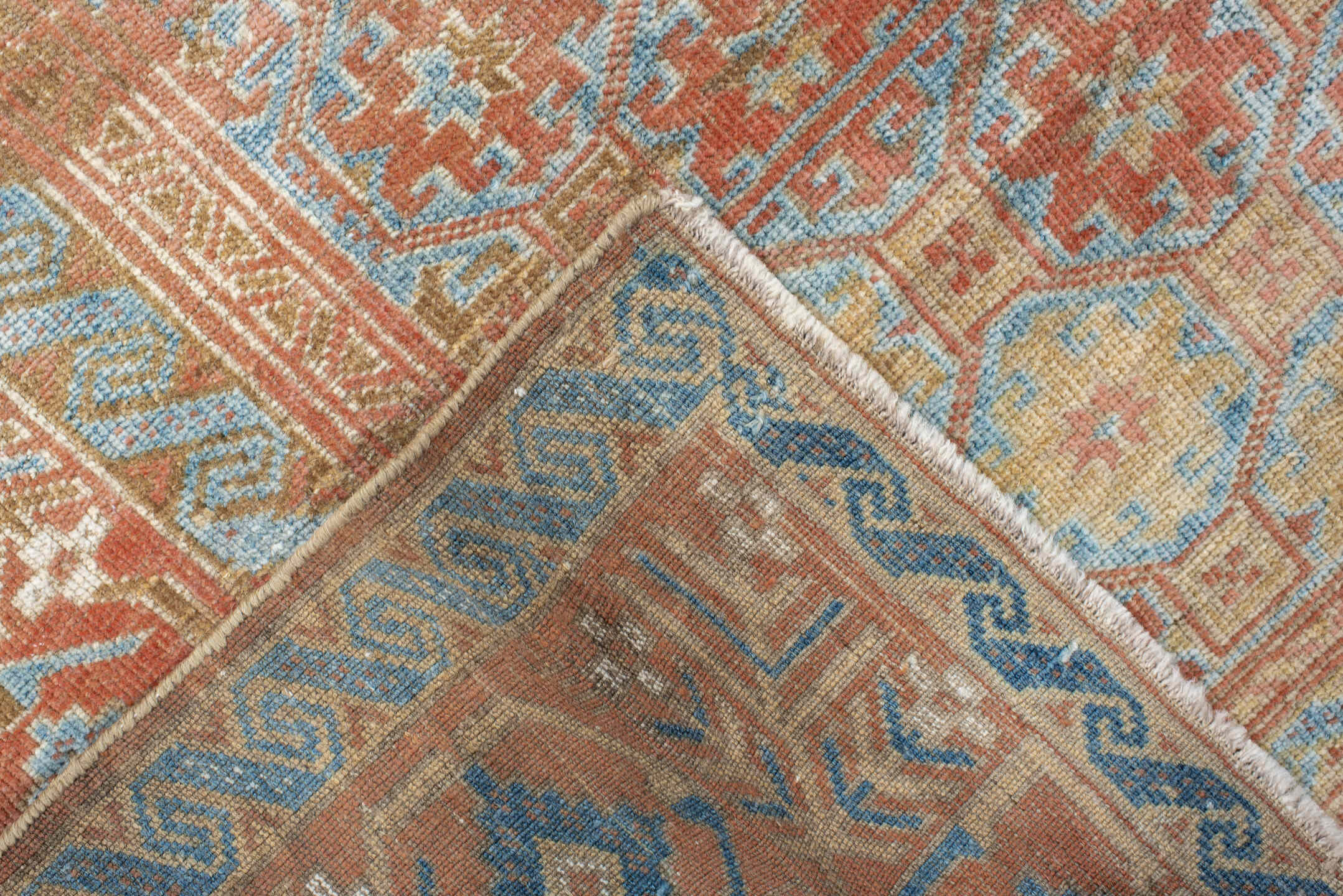 3' x 8' one-of-a-kind handmade antique Belouch runner rug. Color palette: terra cotta, ivory, pale blue, camel, taupe, rust