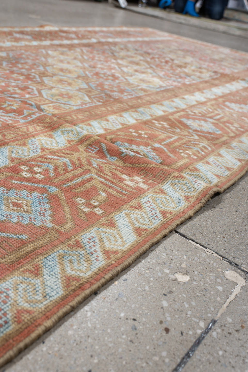 3' x 8' one-of-a-kind handmade antique Belouch runner rug. Color palette: terra cotta, ivory, pale blue, camel, taupe, rust