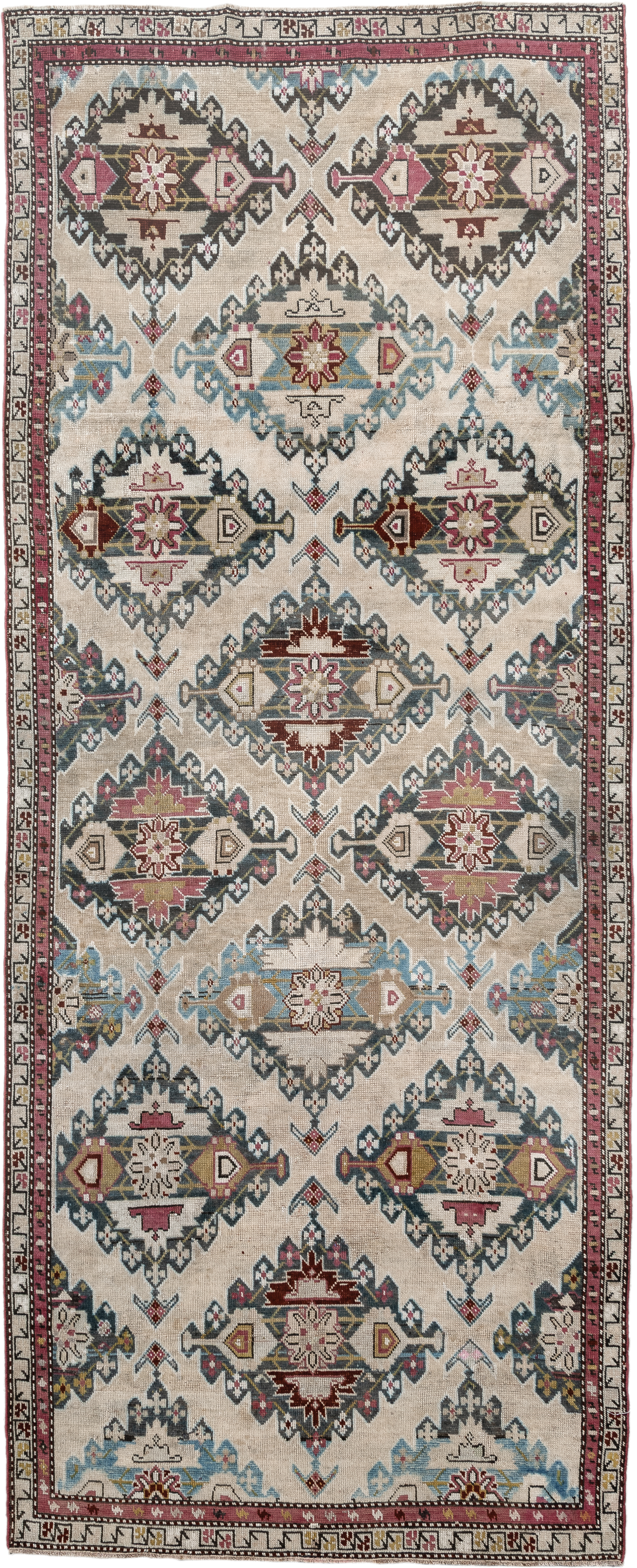 3' x 8' one-of-a-kind handmade vintage Karabagh runner rug. Color palette: ivory, sky blue, rose, charcoal, burgundy, taupe